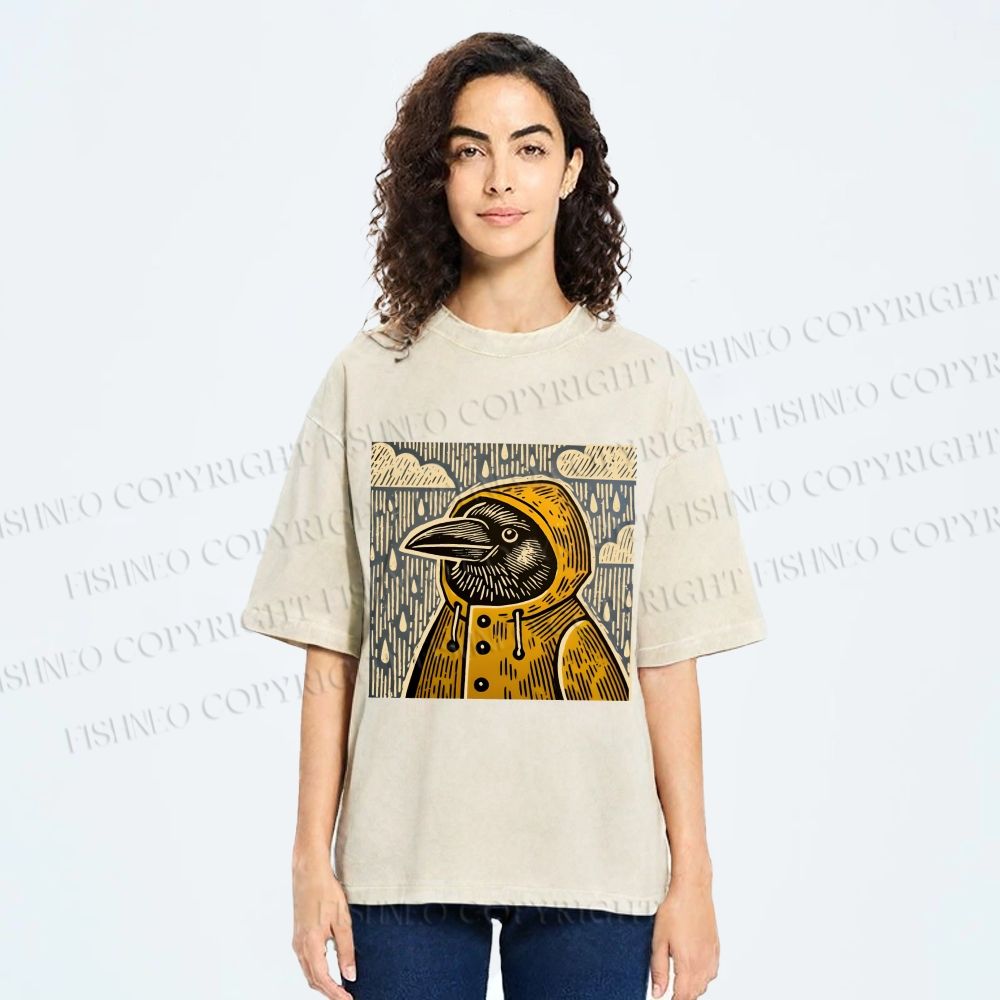 Unisex Funny Bird in Rain Printed Washed Tee
