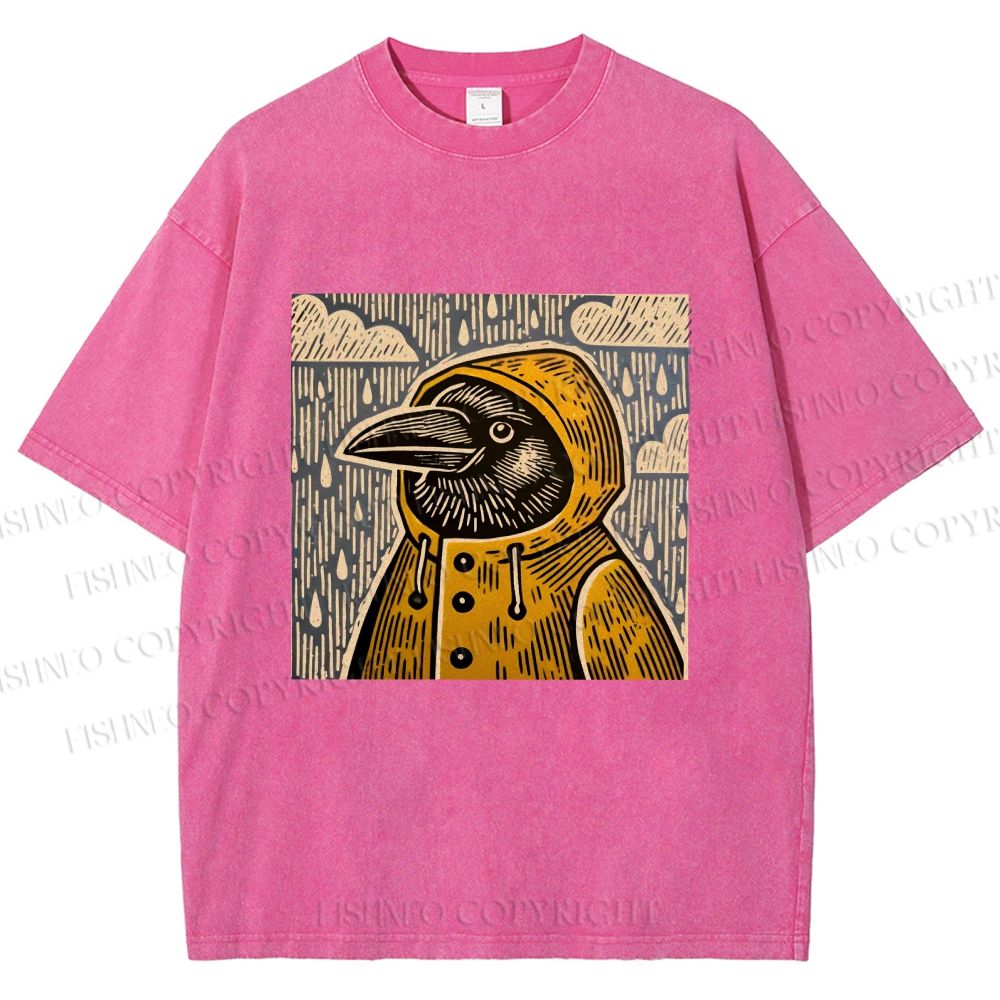 Unisex Funny Bird in Rain Printed Washed Tee