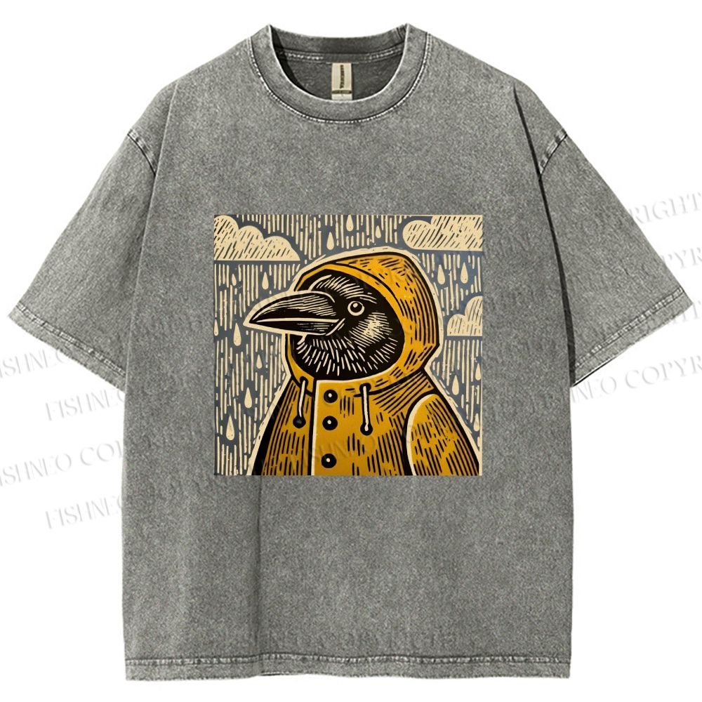 Unisex Funny Bird in Rain Printed Washed Tee