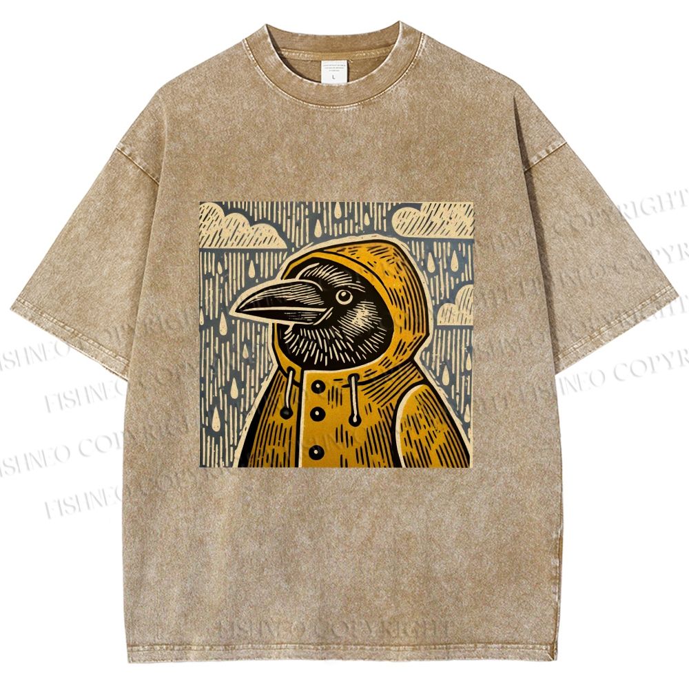 Unisex Funny Bird in Rain Printed Washed Tee