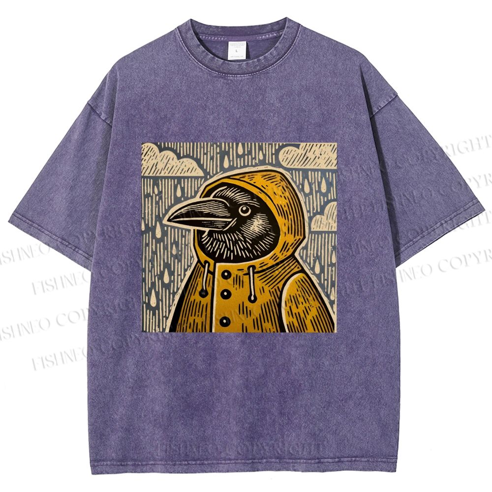Unisex Funny Bird in Rain Printed Washed Tee