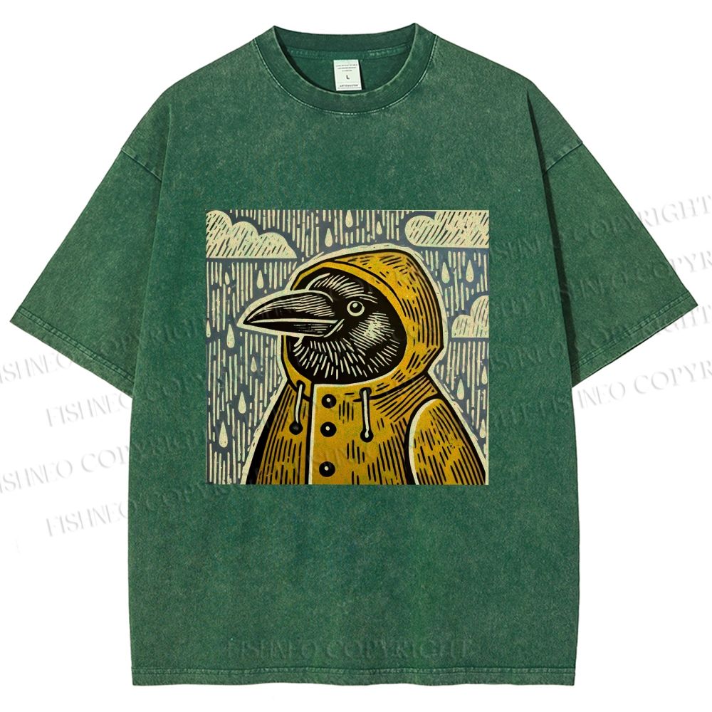 Unisex Funny Bird in Rain Printed Washed Tee