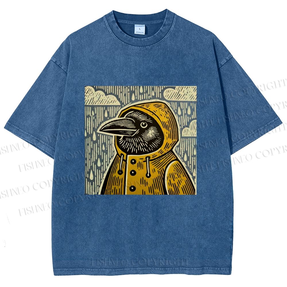 Unisex Funny Bird in Rain Printed Washed Tee