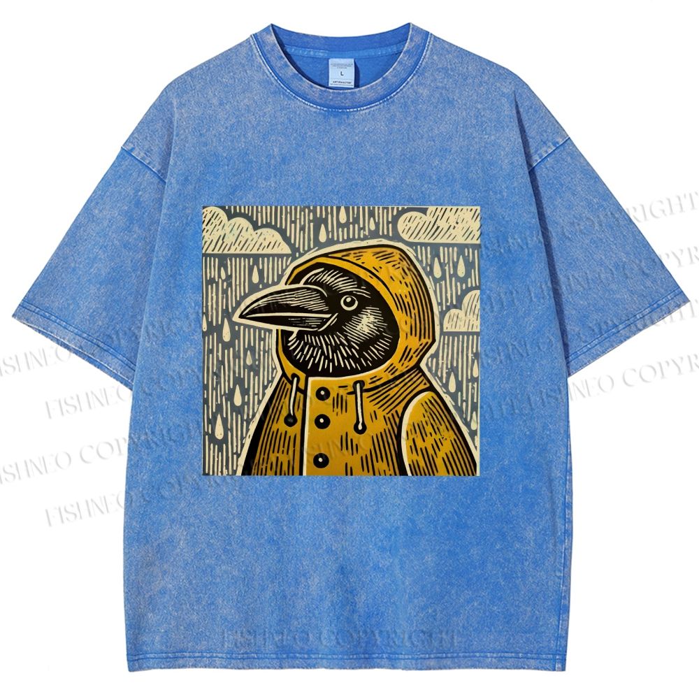 Unisex Funny Bird in Rain Printed Washed Tee