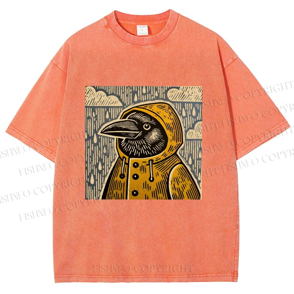 Unisex Funny Bird in Rain Printed Washed Tee