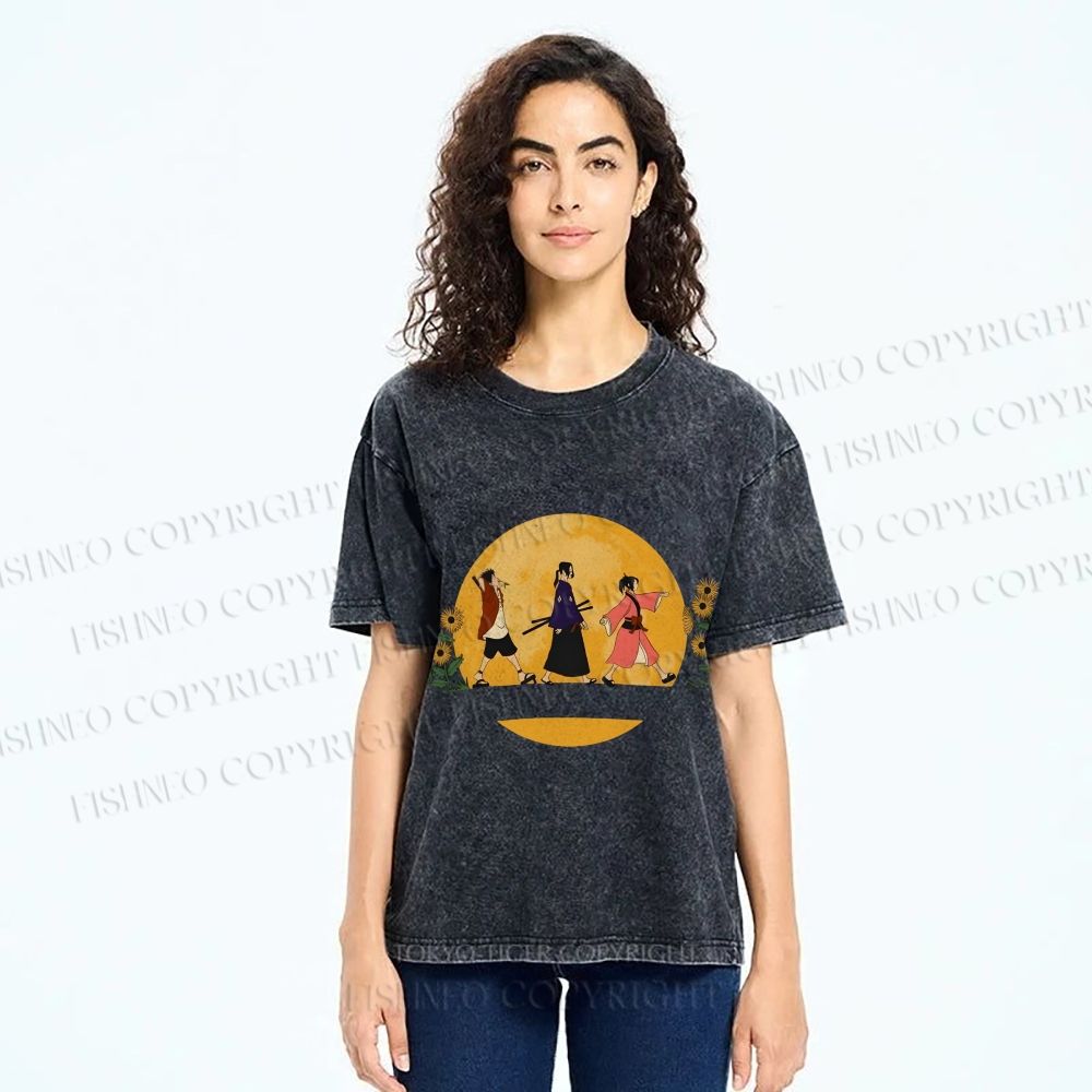Unisex Samurai Champloo Walking in Moonlight Printed Washed Tee