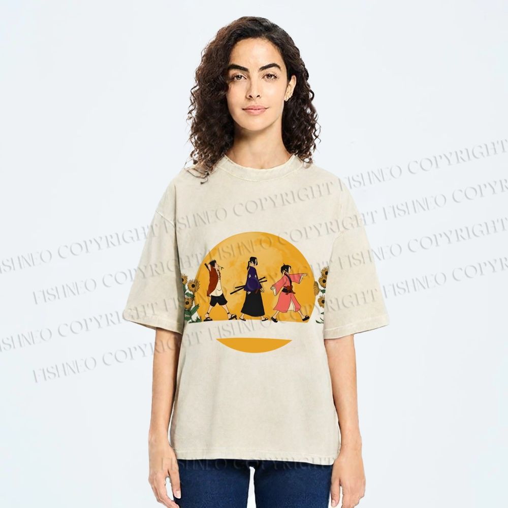 Unisex Samurai Champloo Walking in Moonlight Printed Washed Tee