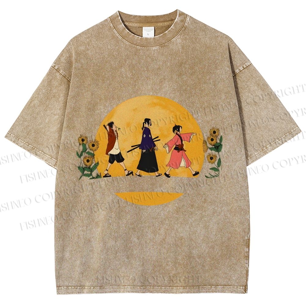 Unisex Samurai Champloo Walking in Moonlight Printed Washed Tee
