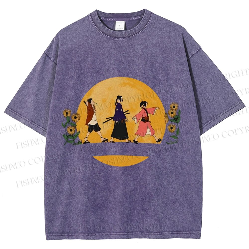 Unisex Samurai Champloo Walking in Moonlight Printed Washed Tee
