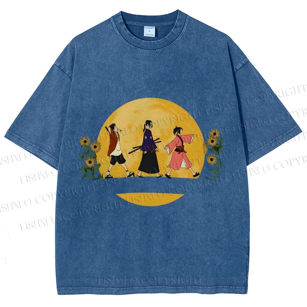 Unisex Samurai Champloo Walking in Moonlight Printed Washed Tee