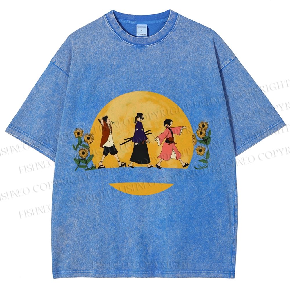 Unisex Samurai Champloo Walking in Moonlight Printed Washed Tee