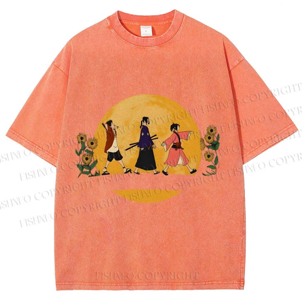 Unisex Samurai Champloo Walking in Moonlight Printed Washed Tee