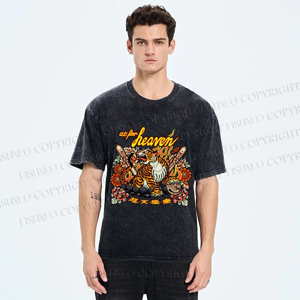 Unisex Vintage Heaven Tiger Printed Washed Tee