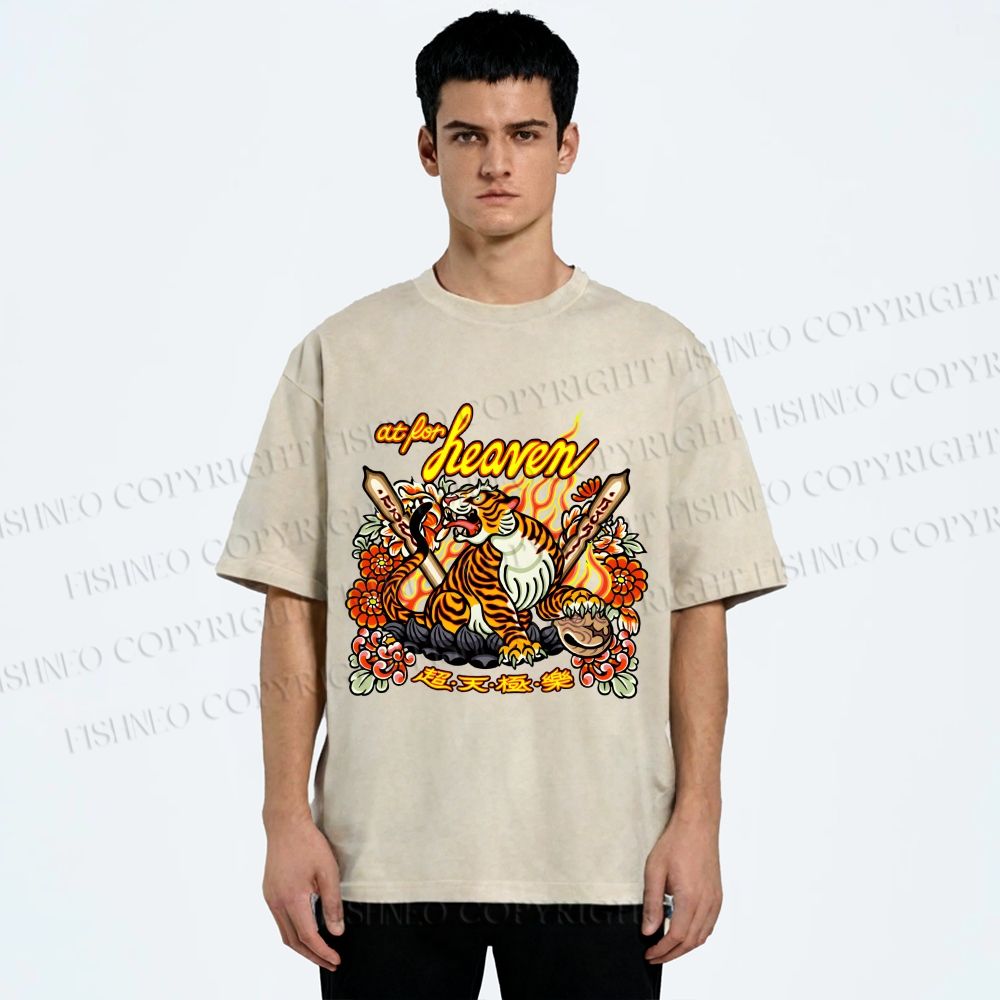 Unisex Vintage Heaven Tiger Printed Washed Tee
