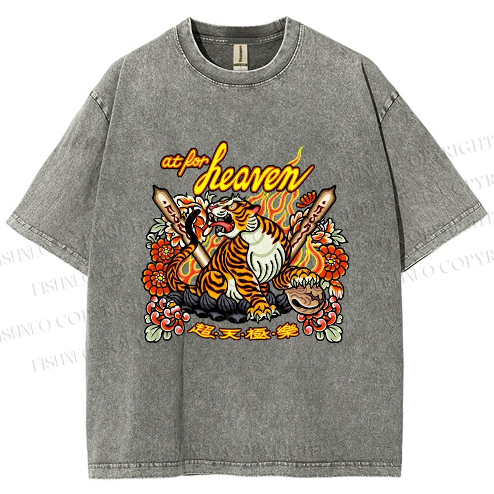 Unisex Vintage Heaven Tiger Printed Washed Tee