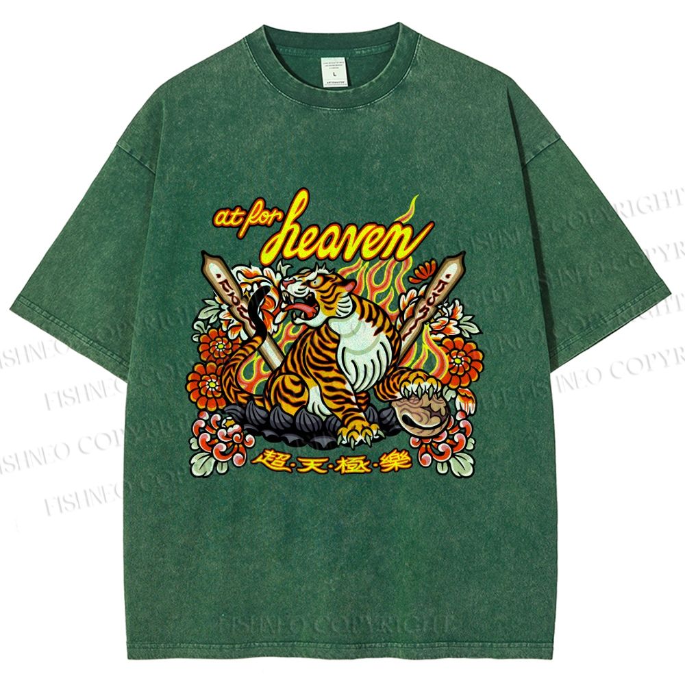 Unisex Vintage Heaven Tiger Printed Washed Tee