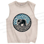 Unisex Elephant in Wave Printed Washed Tank Top