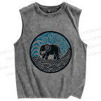 Unisex Elephant in Wave Printed Washed Tank Top