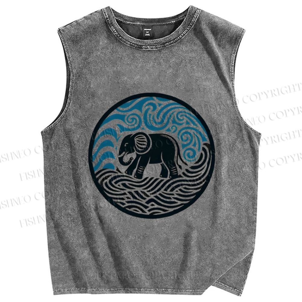 Unisex Elephant in Wave Printed Washed Tank Top