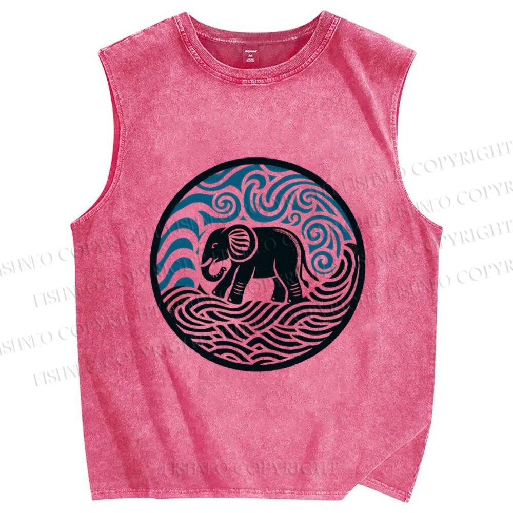 Unisex Elephant in Wave Printed Washed Tank Top