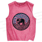 Unisex Elephant in Wave Printed Washed Tank Top