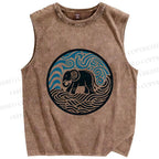 Unisex Elephant in Wave Printed Washed Tank Top