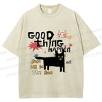 Unisex Black Cat Sunbathing Good Thing Printed Washed Tee