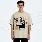 Unisex Black Cat Sunbathing Good Thing Printed Washed Tee