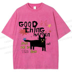 Unisex Black Cat Sunbathing Good Thing Printed Washed Tee
