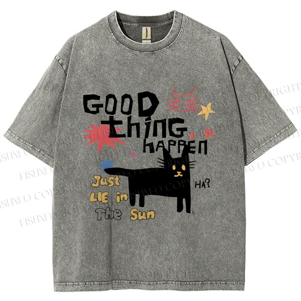 Unisex Black Cat Sunbathing Good Thing Printed Washed Tee