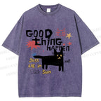 Unisex Black Cat Sunbathing Good Thing Printed Washed Tee