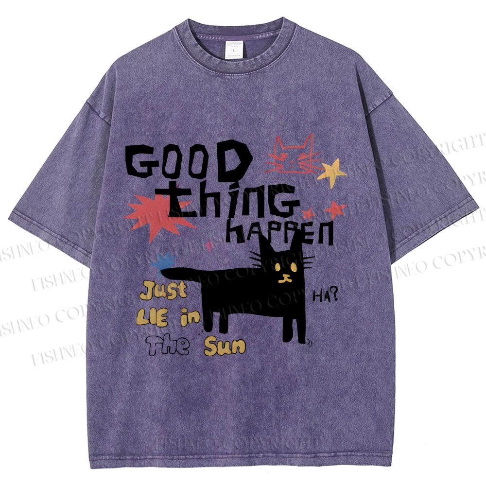 Unisex Black Cat Sunbathing Good Thing Printed Washed Tee