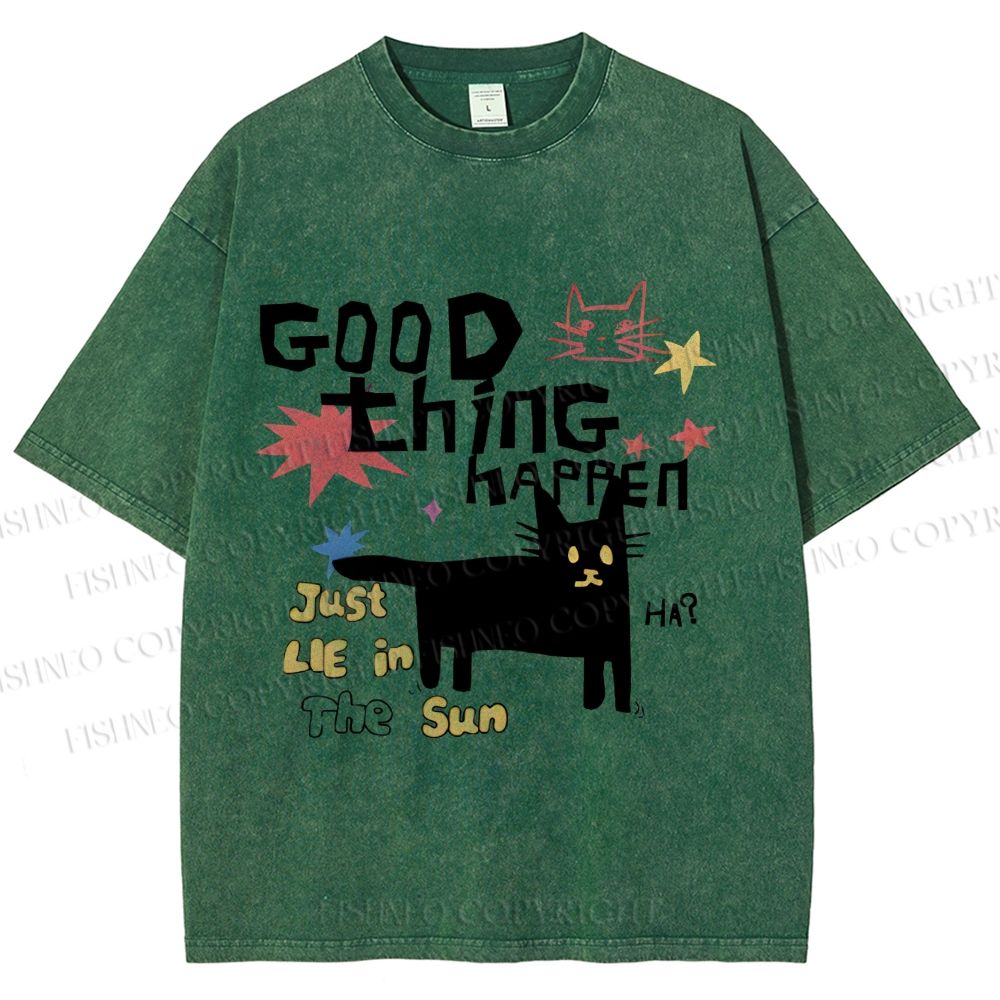 Unisex Black Cat Sunbathing Good Thing Printed Washed Tee