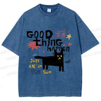 Unisex Black Cat Sunbathing Good Thing Printed Washed Tee