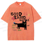 Unisex Black Cat Sunbathing Good Thing Printed Washed Tee