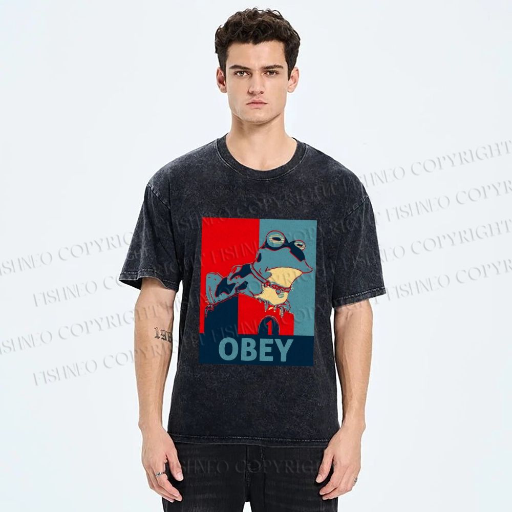 Unisex Frog Obey Graphic Tee Printed Washed Tee