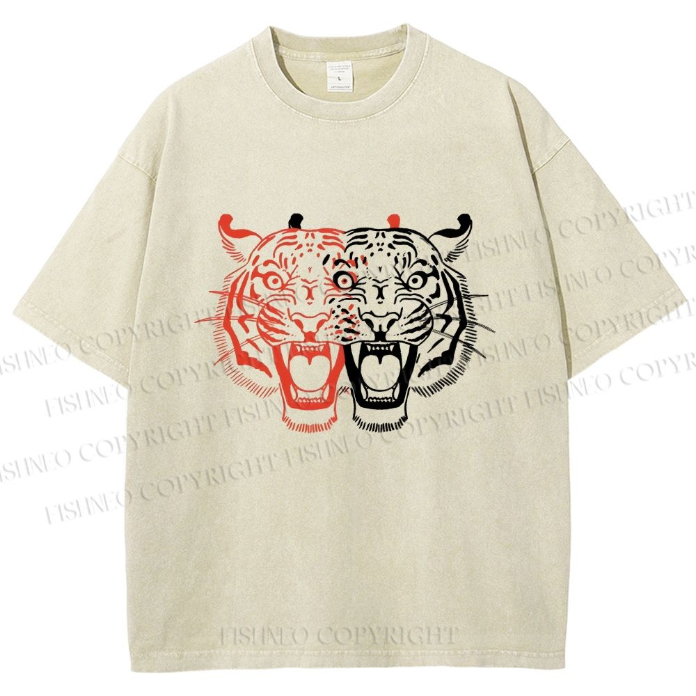 Unisex Patchwork Tiger Printed Washed Tee