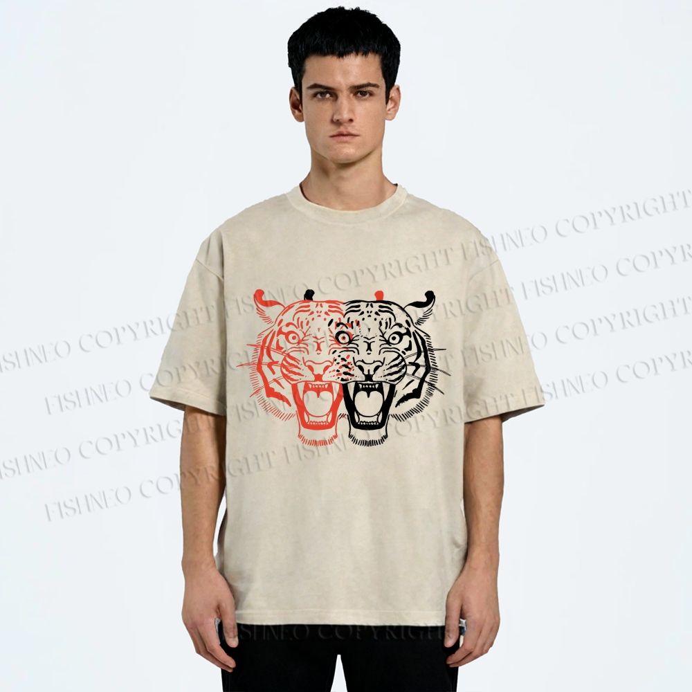 Unisex Patchwork Tiger Printed Washed Tee