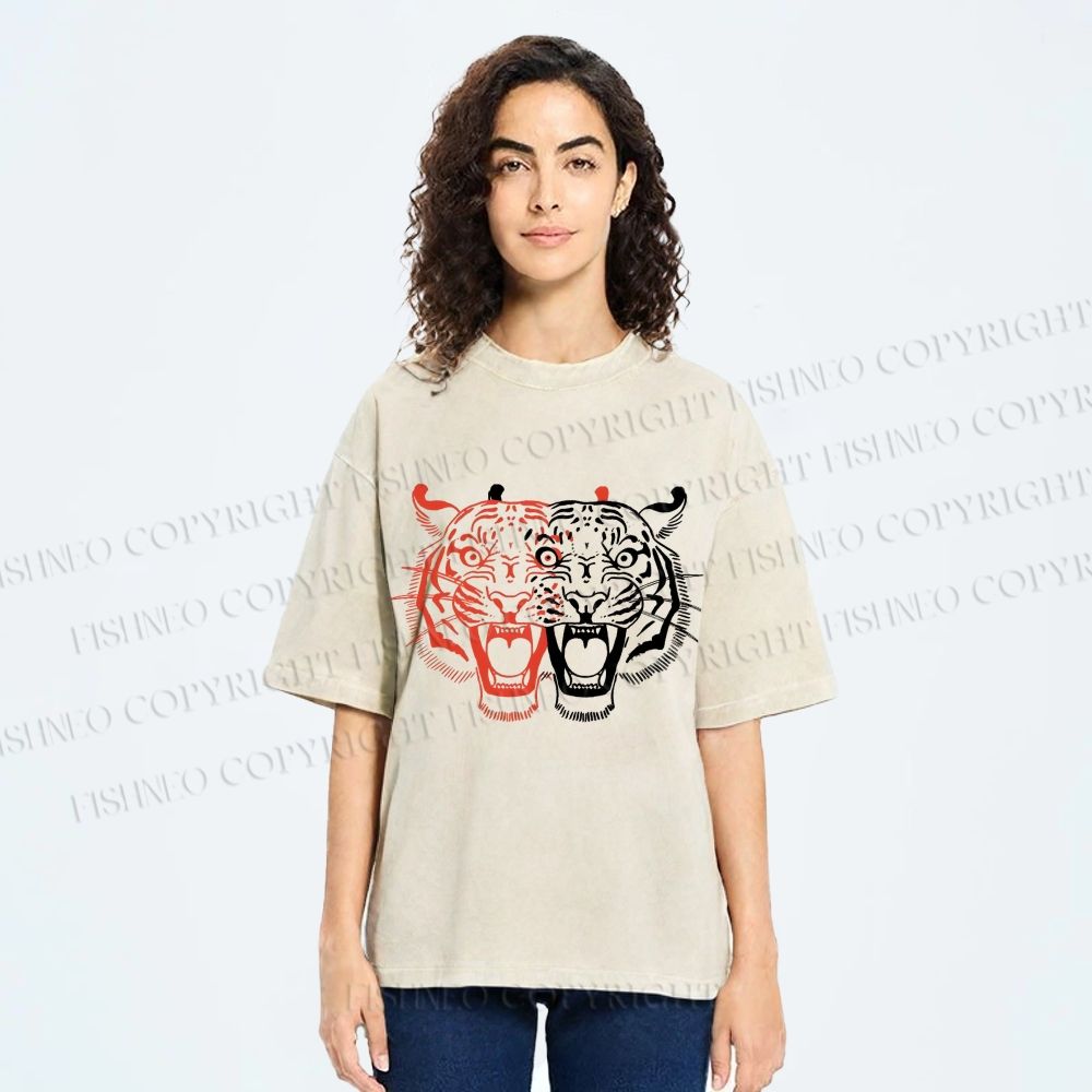 Unisex Patchwork Tiger Printed Washed Tee