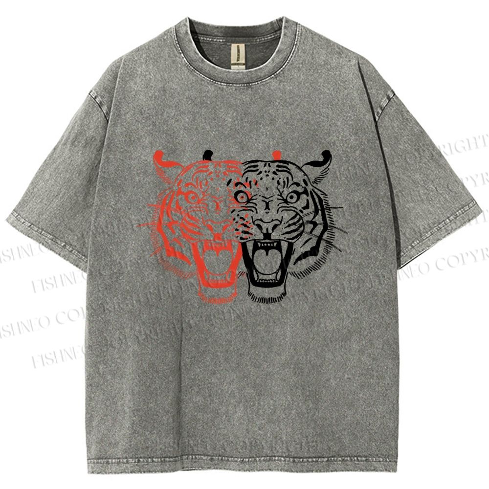 Unisex Patchwork Tiger Printed Washed Tee