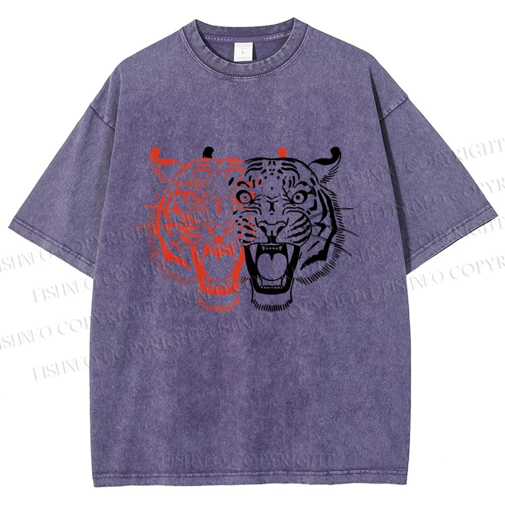 Unisex Patchwork Tiger Printed Washed Tee