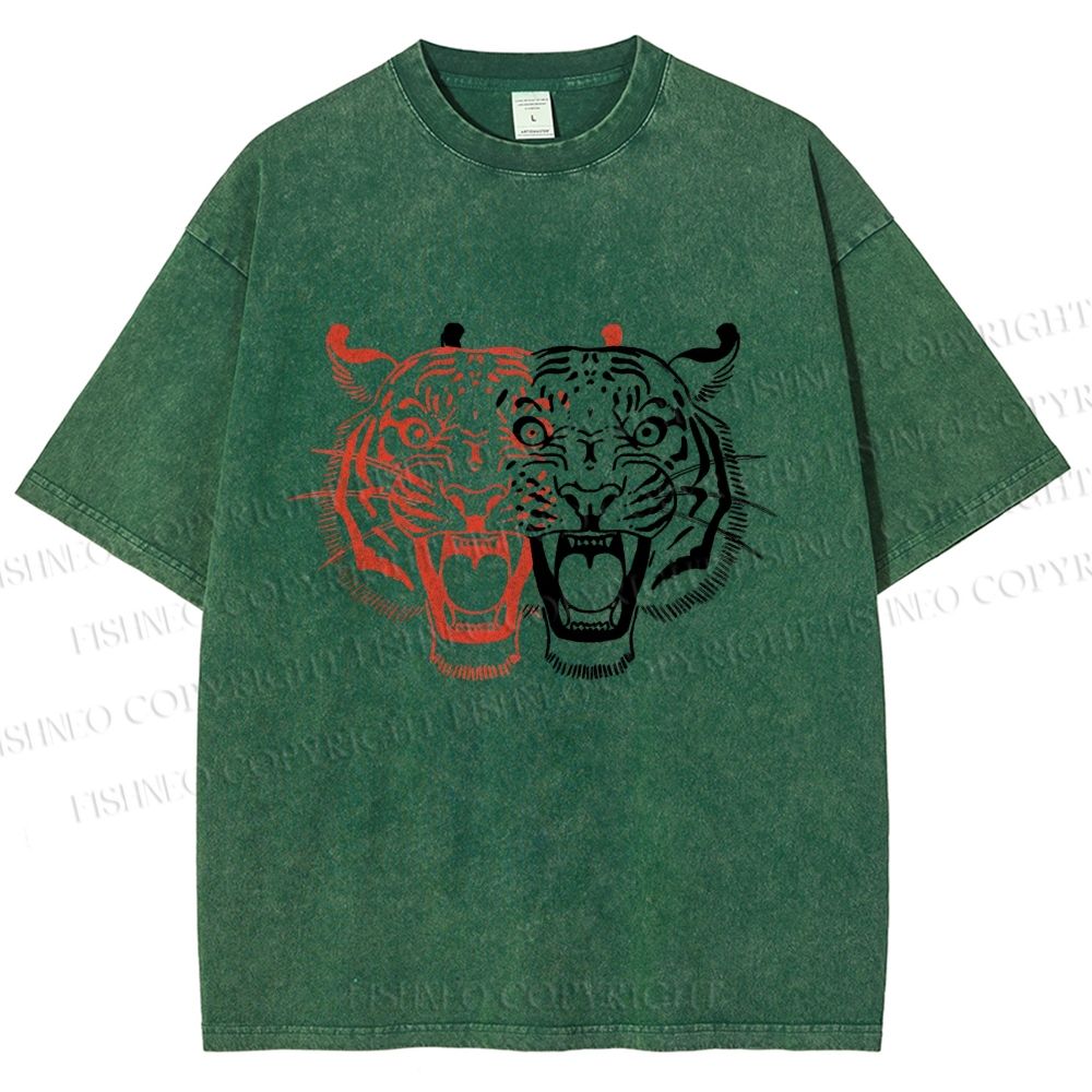 Unisex Patchwork Tiger Printed Washed Tee