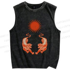 Unisex  Japanese Style Vintage Tiger Printed Washed Tank Top