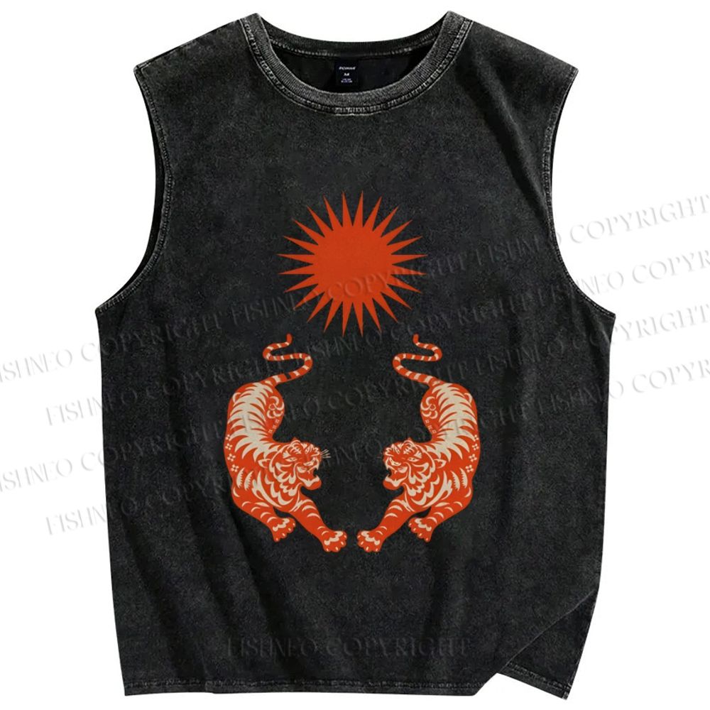 Unisex  Japanese Style Vintage Tiger Printed Washed Tank Top