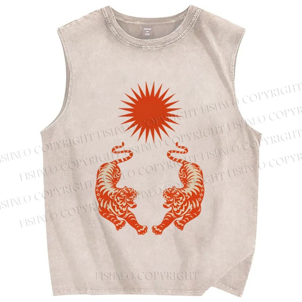 Unisex  Japanese Style Vintage Tiger Printed Washed Tank Top