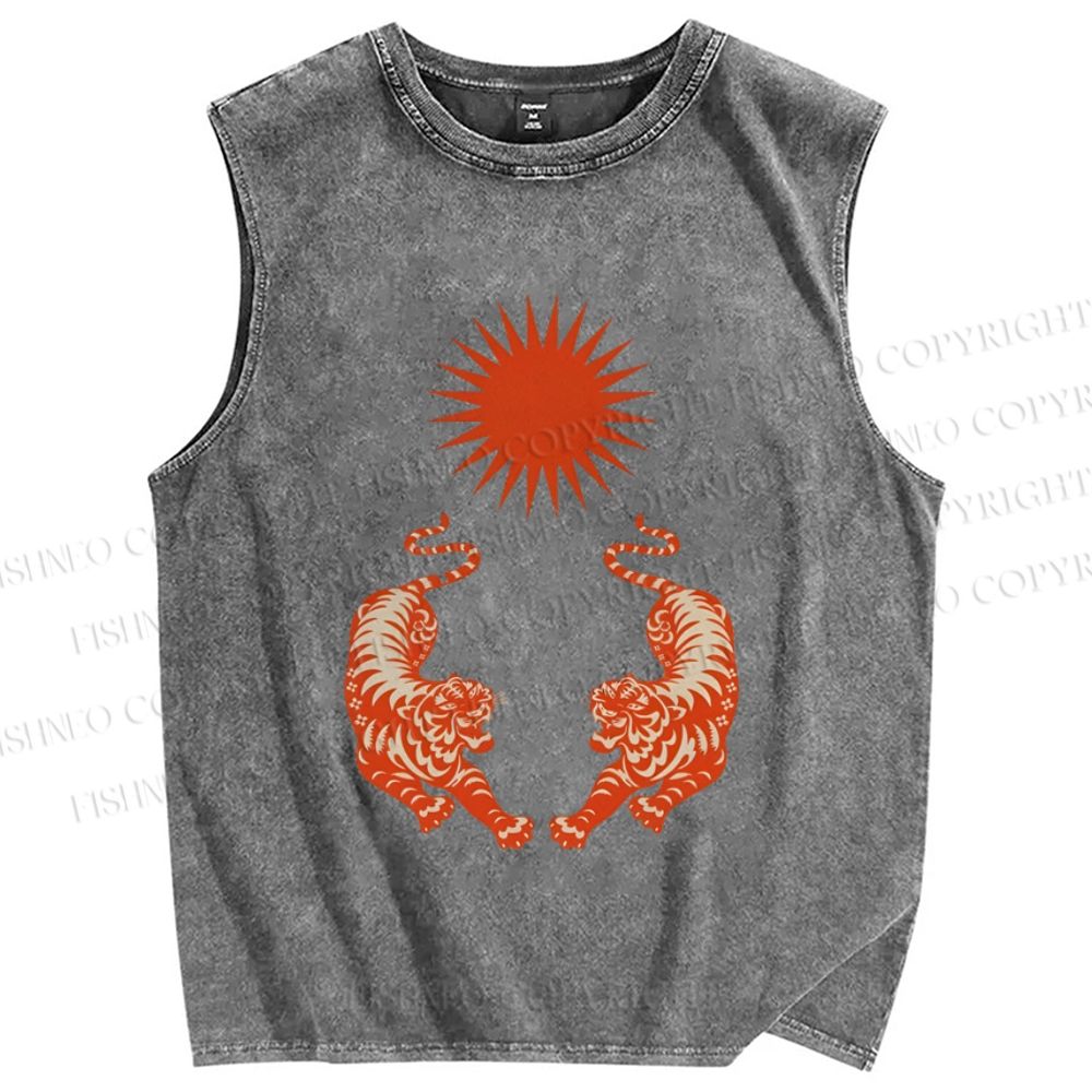 Unisex  Japanese Style Vintage Tiger Printed Washed Tank Top