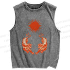 Unisex  Japanese Style Vintage Tiger Printed Washed Tank Top