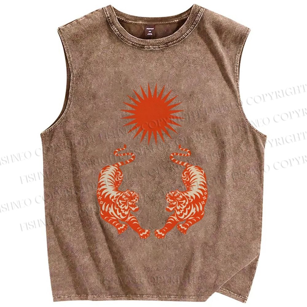 Unisex  Japanese Style Vintage Tiger Printed Washed Tank Top