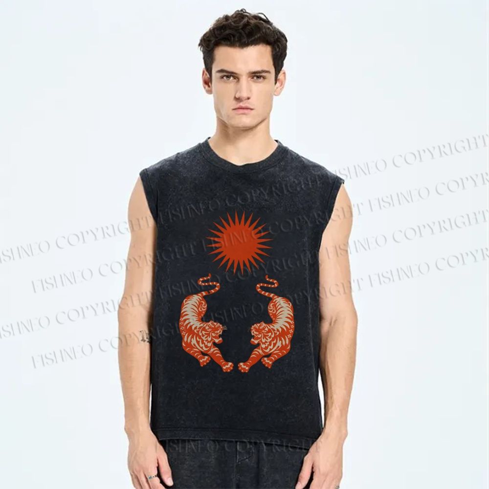 Unisex  Japanese Style Vintage Tiger Printed Washed Tank Top