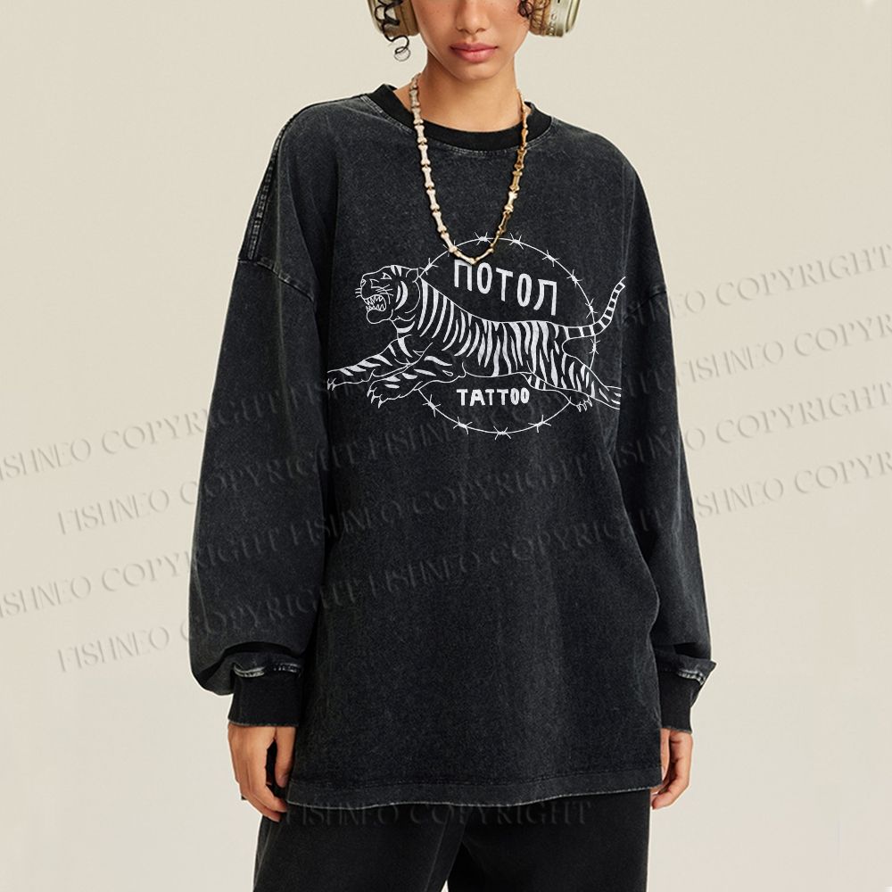 Unisex Casual Washed  Japanese Style Vintage Tiger Printed Long Sleeve T-shirt